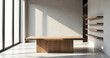 © visualnest - A well-styled, minimalist retail display table in a modern furniture store setting. The table has a rich, wooden surface with natural texture and grain, illuminated by soft daylight streaming through