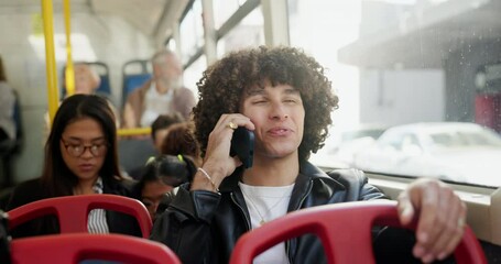 Poster - Phone call, bus and man with smile, passenger and communication with network, contact and talking. Mobile user, happy person and traveller with smartphone, morning commute or discussion in urban town
