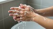 © Steffani - Close up of soapy hands being washed with water over a sink in a bathroom setting for hygiene purposes