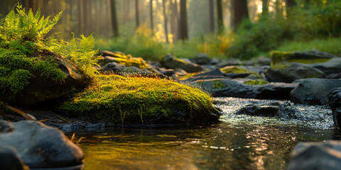 Poster - Moss-covered rocks beside a stream, illuminated by sunlight filtering through a forest, showcasing nature's tranquility and serenity