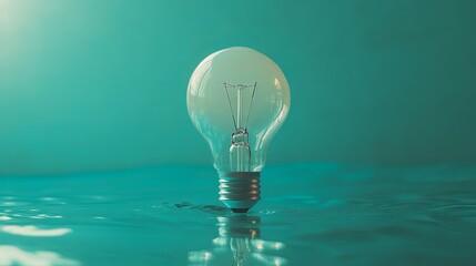 Poster - Elegant Lightbulb Floating on Teal Water Abstract Idea Inspiration Design Concept Minimalist Photography Still Life Image Background Texture for Projects Modern Bright Clean Creative        
