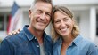 © ALSADRA - Smiling mature couple standing together outdoors with American flag in background, ideal for family, patriotism, and USA-themed advertising