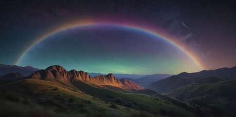 Wall Mural - Vibrant rainbow arching over starlit hills, sparkling night sky, galaxy, rainbow, wonder