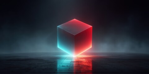 Wall Mural - cube in electric red and cyan with glowing edges