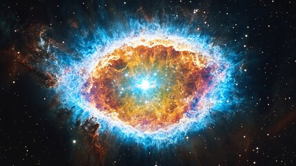 Poster - Stunning Celestial Nebula Cosmic Explosion Vibrant Blue Orange Galactic Starfield Deep Space Astronomy Universe Background Image High Resolution Detailed Supernova Fiery Bright Energy       