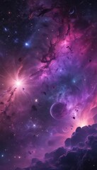 Wall Mural - Deep purple space scene  Bright stars sparkle amid swirling nebula  Ethereal cosmic vista, beautiful backdrop  ,  stars,  space,  purple