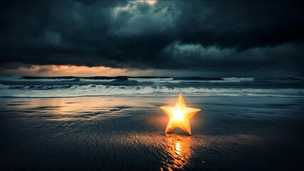 Wall Mural - a star is floating in the ocean. the water is dark blue. the sky is cloudy. the star is shining brig