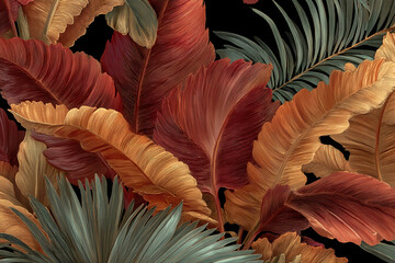 Poster - Close-up of textured gold and red tropical leaves against a black background, creating a rich and luxurious appearance, ideal for design or decoration