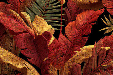 Poster - Intricate textured red and gold leaves on black background, creating a rich, warm visual.  Ideal for autumnal or luxury designs