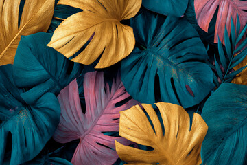 Poster - Close-up of textured golden and teal tropical leaves, creating a lush and vibrant appearance, symbolizing exotic nature and opulence, ideal for design projects