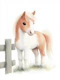Adorable watercolor painting of a small brown and white pony standing near a wooden fence with soft grass and a white background.
