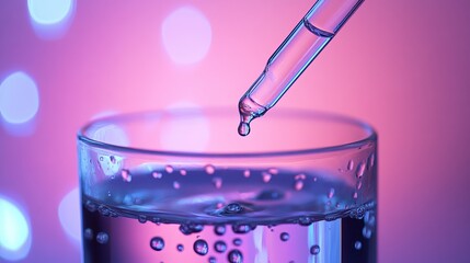 Poster - Vibrant Pink Purple Neon Light Dropper Liquid Glass Water Abstract Background Science Chemistry Experiment Medical Healthcare Beauty Product Drop test fluid style clean clear macro shiny    