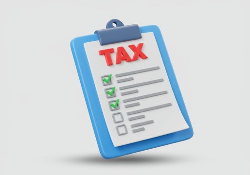 A blue clipboard with the word tax and and green check marks on a white sheet