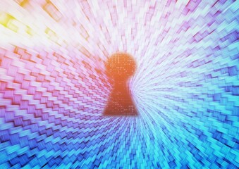 Aufkleber - テクノロジーの概念で鍵穴のある幾何学的な青いトンネルの3dイラスト