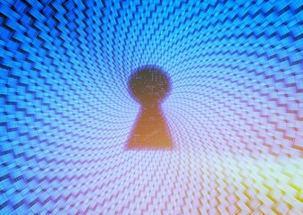 Aufkleber - テクノロジーの概念で鍵穴のある幾何学的な青いトンネルの3dイラスト