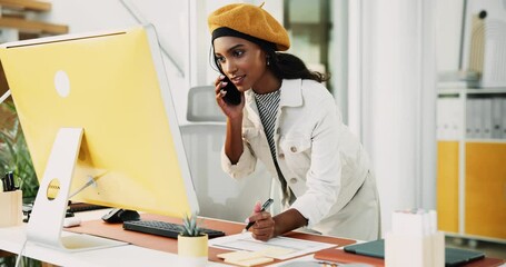 Aufkleber - Creative woman, writing and phone call with computer of discussion, questions and schedule story. Female journalist, talking and mobile for news notes, article feedback and information of publication