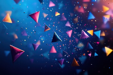 Poster - Colorful geometric triangle shapes floating on a vibrant dark blue background