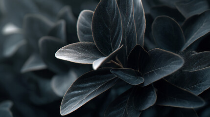 Poster - close-up of dark gray leaves, textured surface, showing leaf veins, creating a moody, natural image 