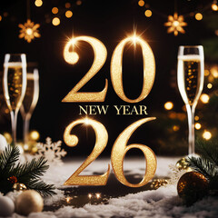 Wall Mural - 2026 golden numbers on a new year background with bokeh, champaign, ornaments and snowflakes. square