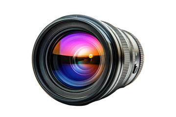Poster - High-quality transparent PNG representation of a professional camera lens showcasing detailed optical structure and vibrant colors suitable for design and creative projects