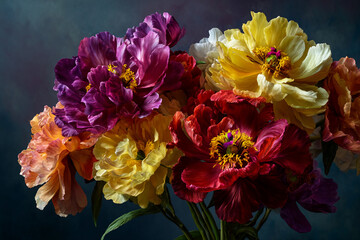 Poster - Close-up of vibrant peony bouquet, showcasing diverse colors and textures, symbolizing beauty, luxury, and elegance, perfect for floral or design concepts