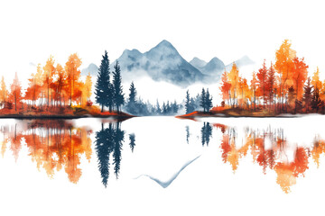 Aufkleber - Breathtaking autumn landscape featuring colorful trees reflecting on calm water with majestic mountains in the background during a serene day