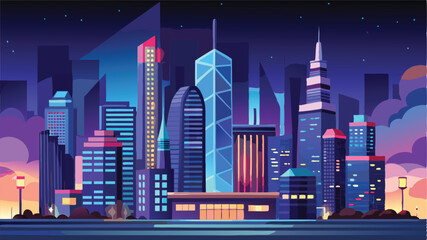 Aufkleber - Vibrant vector illustration of a modern city skyline at dusk showcasing tall buildings and colorful lights in a bustling urban environment