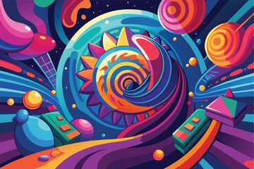 Aufkleber - Dynamic vector illustration of a vibrant tunnel filled with colorful shapes and swirling patterns depicting a journey through an abstract space