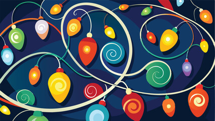 Poster - Colorful vector illustration of whimsical decorative lights swirling in vibrant patterns against a dark background, perfect for festive designs and holiday celebrations