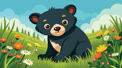 Poster - Cute black bear cub sitting in a colorful meadow surrounded by wildflowers under a bright blue sky during a sunny day