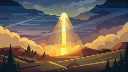 Poster - Bold vector illustration featuring a colorful sunset over a tranquil landscape with mountains, clouds, and rays of light illuminating the horizon at dusk