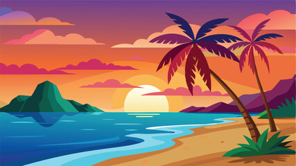 Poster - Colorful sunset over a tropical beach with palm trees and gentle waves lapping at the shore, creating a serene and tranquil atmosphere at dusk