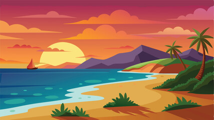 Poster - Colorful sunset over a tropical beach with palm trees and gentle waves lapping at the shore, creating a serene and tranquil atmosphere at dusk