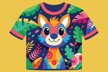 Poster - Colorful vector illustration of a playful tiger t-shirt design featuring whimsical characters and vibrant patterns