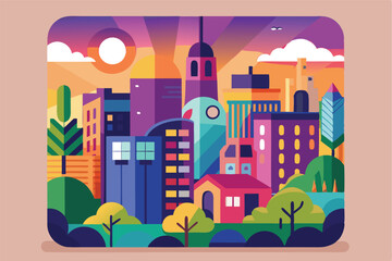 Poster - Colorful vector illustration of a vibrant city skyline during sunset with a smartphone frame, showcasing modern buildings and natural elements in harmony