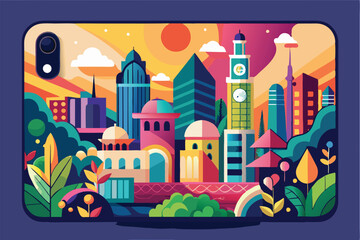Poster - Colorful vector illustration of a vibrant city skyline during sunset with a smartphone frame, showcasing modern buildings and natural elements in harmony
