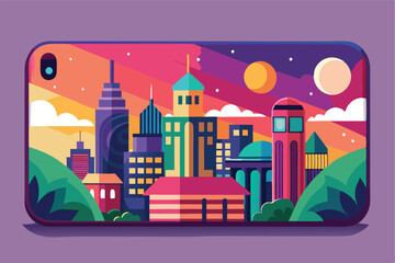 Poster - Colorful vector illustration of a vibrant city skyline during sunset with a smartphone frame, showcasing modern buildings and natural elements in harmony