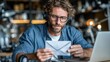 © Khai - Focused Man Reading Letter at Desk with Laptop and Headphones