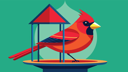 Poster - Colorful vector illustration of a cardinal at a decorative well in a serene outdoor setting surrounded by trees and a clear blue sky during daytime