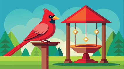 Poster - Colorful vector illustration of a cardinal at a decorative well in a serene outdoor setting surrounded by trees and a clear blue sky during daytime
