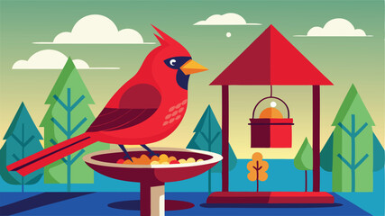 Poster - Colorful vector illustration of a cardinal at a decorative well in a serene outdoor setting surrounded by trees and a clear blue sky during daytime