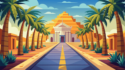 Aufkleber - Beautiful vector illustration of a palm tree lined pathway leading to a majestic building during sunset with a vibrant sky and warm colors