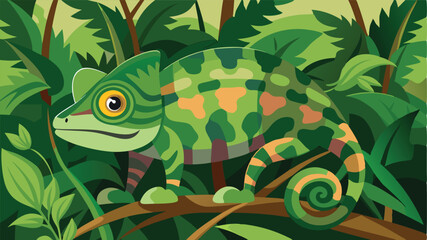 Poster - Colorful chameleon perched on a branch among lush green leaves in a vibrant jungle setting during daytime