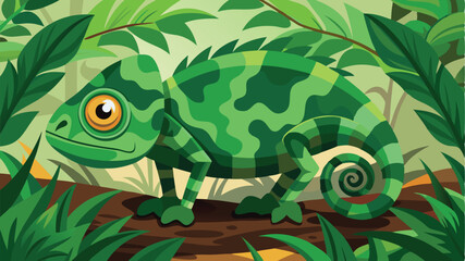 Poster - Colorful chameleon perched on a branch among lush green leaves in a vibrant jungle setting during daytime