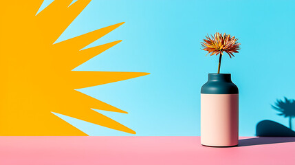 Poster - Dried Floral Stem in Pastel Ceramic Vase on Pink and Blue Background