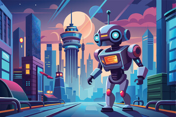 Poster - Futuristic robot exploring a vibrant cityscape at dusk with towering skyscrapers and colorful architecture in a digital illustration style