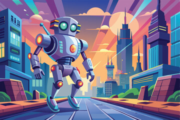 Poster - Futuristic robot exploring a vibrant cityscape at dusk with towering skyscrapers and colorful architecture in a digital illustration style