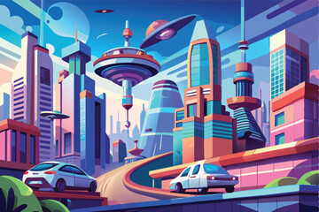 Poster - Modern futuristic city skyline with towers, vehicle movement, and colorful balloons in the sky during sunset in a vibrant design style