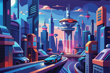 Poster - Modern futuristic city skyline with towers, vehicle movement, and colorful balloons in the sky during sunset in a vibrant design style