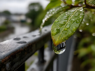 Wall Mural - Raindrop sliding down metal railing trailing